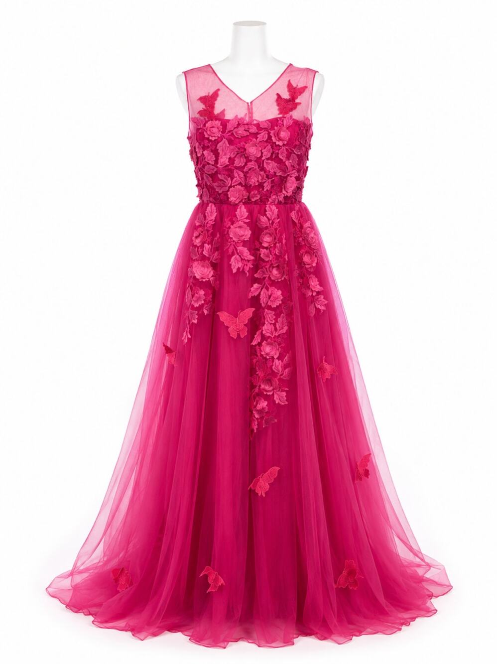 Quinceanera Ball Gown Hot Pink 3D Floral Butterfly Prom Sweet 16 Formal Dress 8